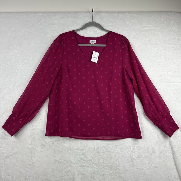 J. Crew Factory Blouse Med Polka Dot Wine Red Berry Popover Long Sleeve‎ NWT - Picture 1 of 16